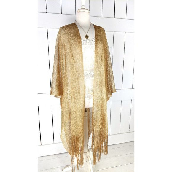Gold metallic mesh kimono cover up fringe jacket - Picture 2 of 6